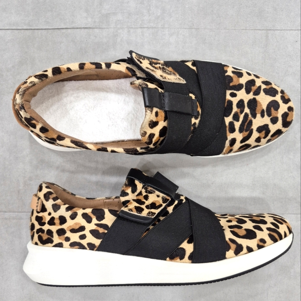 Clarks UN Rio shoes women's 10 leopard print calf hair stretch criss cross strap